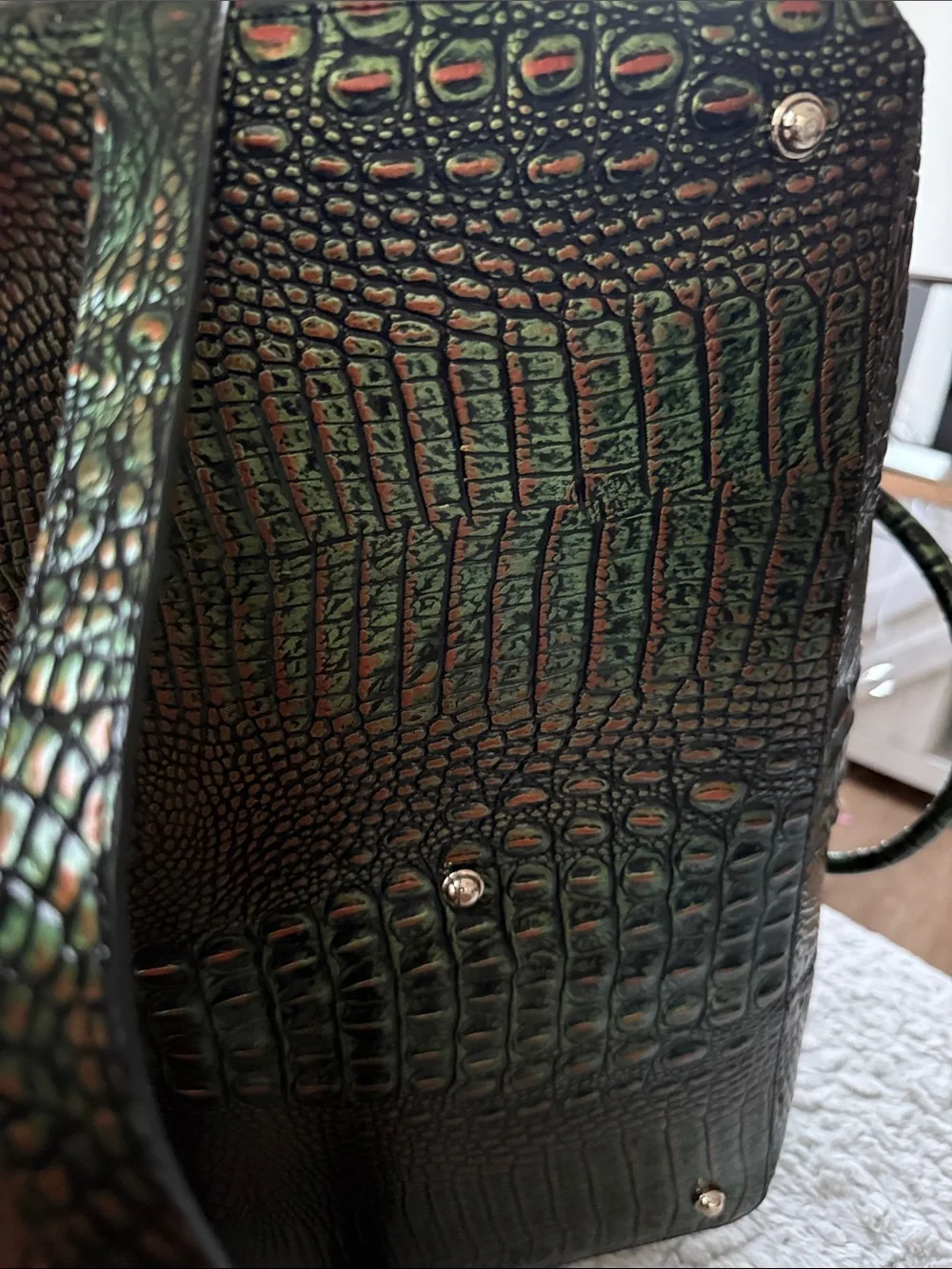 Brahmin Iridescent Green Croc-Embossed Satchel with Copper Highlights